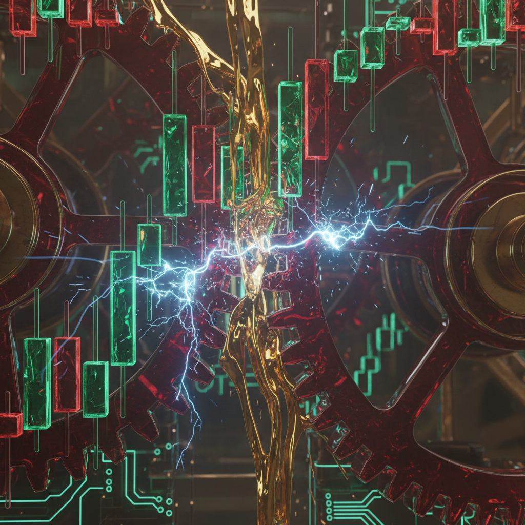 Two large red gears frame a golden liquid stream as green and red candlestick bars hang in the background, with blue electrical sparks crackling across the center.