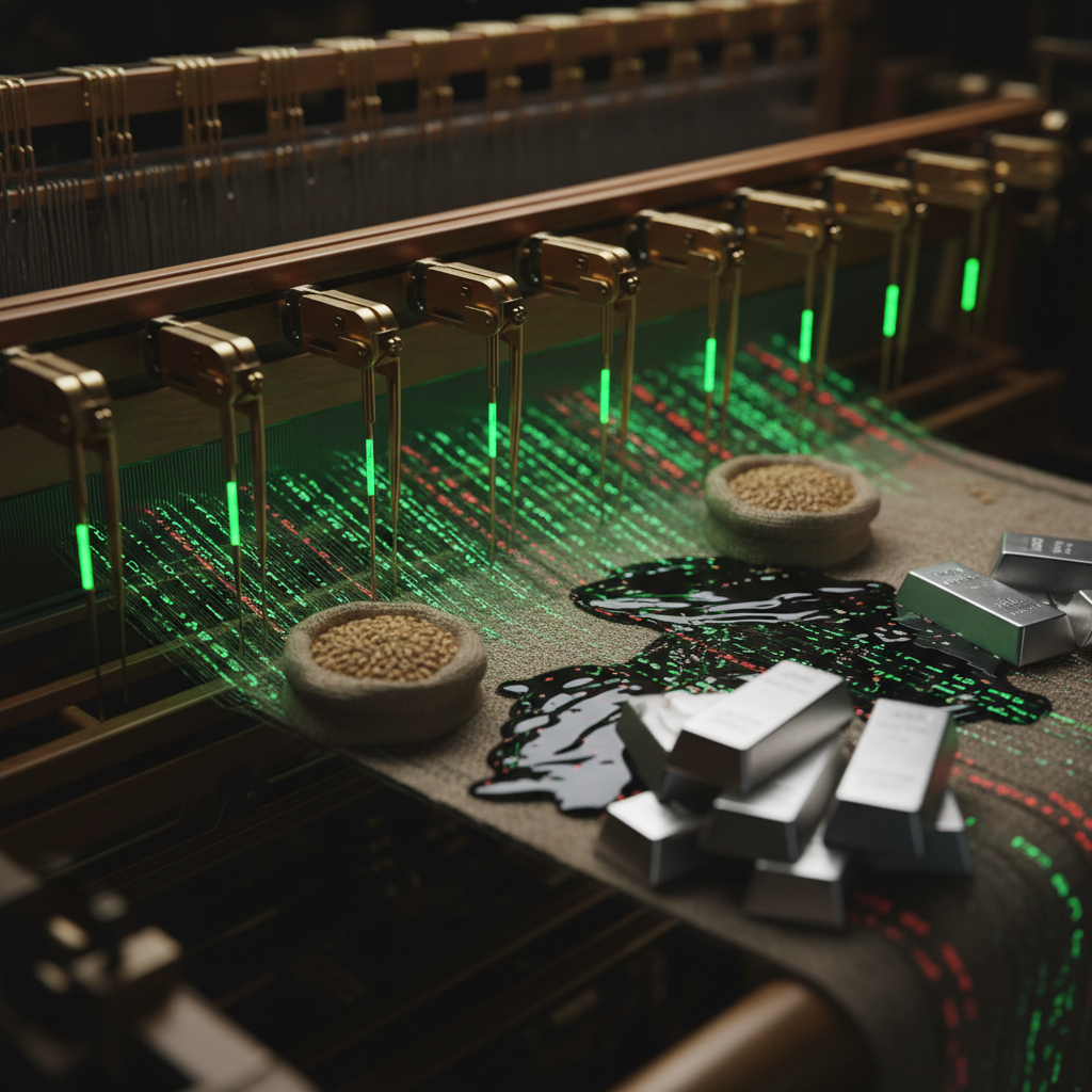 A close-up of an industrial loom weaves green and red light patterns across fabric, with bowls of grain, a glossy black liquid spill, and stacked silver ingots on the textile.