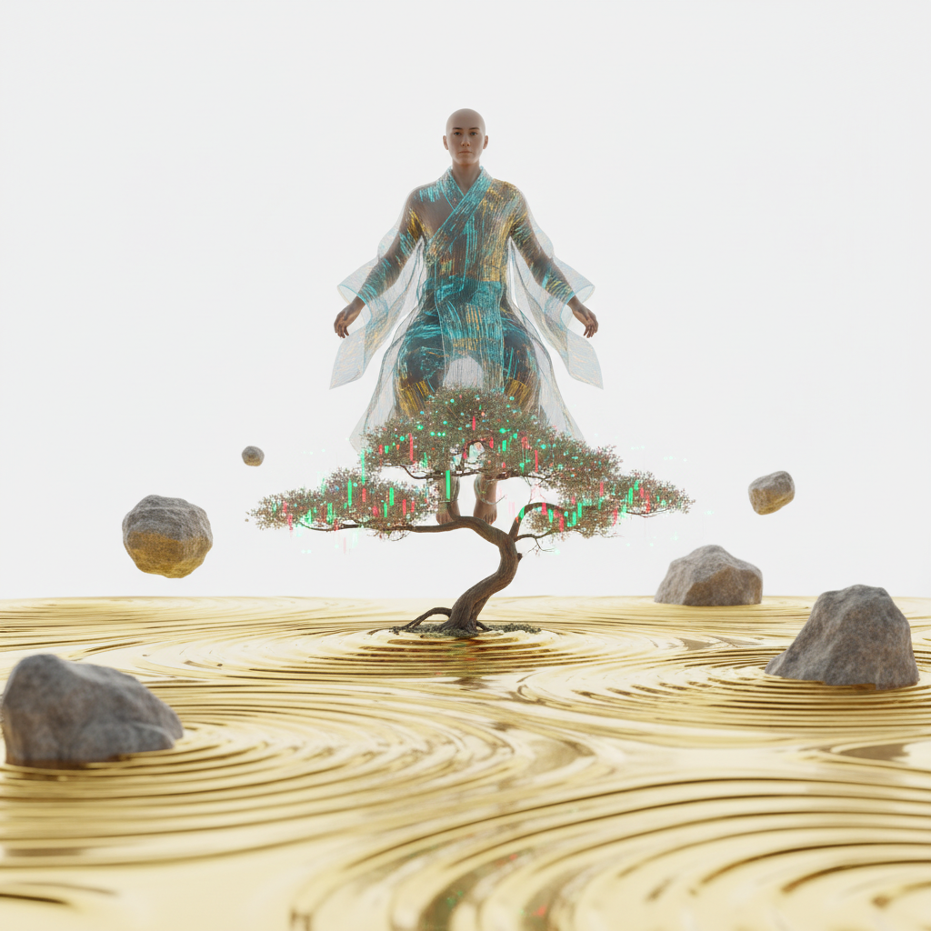 A robed figure levitates above a small bonsai tree covered in tiny candlestick lights, surrounded by floating stones over a rippled golden sand garden on a white background.