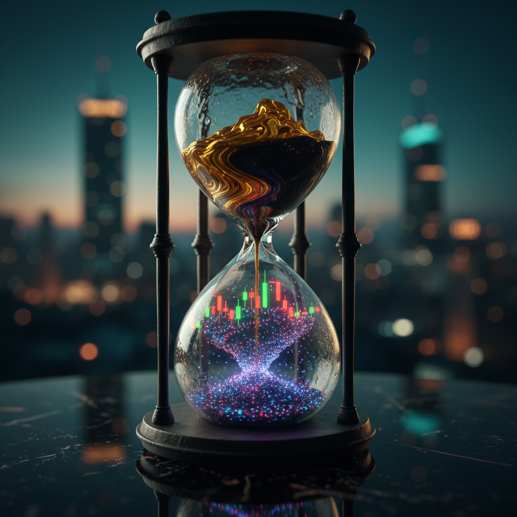 A graphic of conceptual hourglass on a reflective table with swirling gold liquid in the top bulb flowing down into glowing financial data and charts in the bottom bulb.