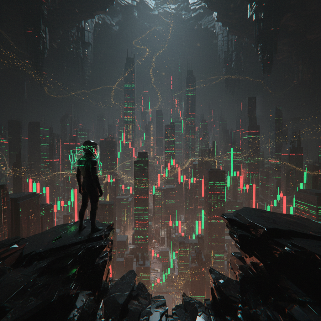 Graphic of a person standing on a cliff, looking out over a city overlaid with charts, candlesticks, and trading symbols.
