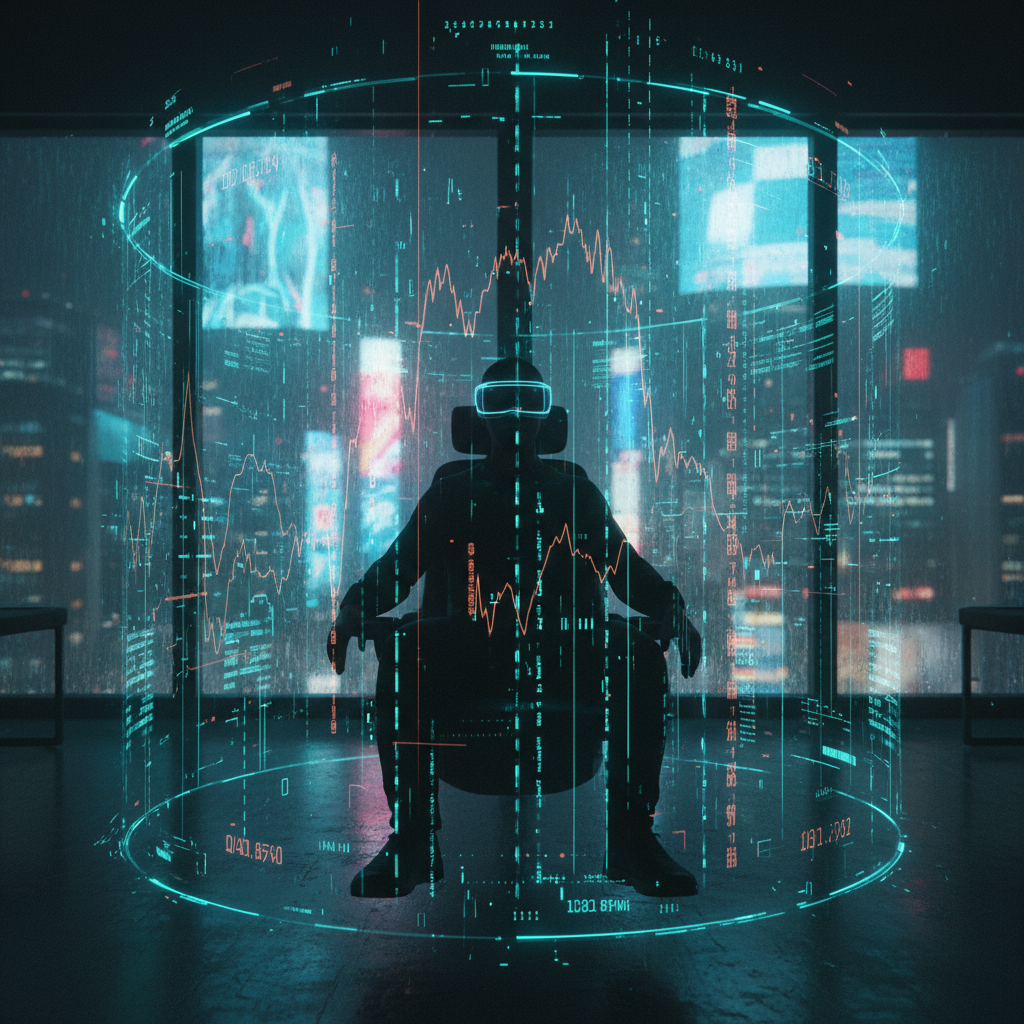 Discover how much money do you need to trade crypto futures with this visualization of a trader in a VR headset surrounded by a glowing holographic cylinder of digital market charts.