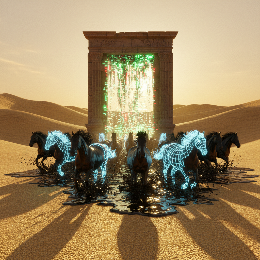 A graphic of a herd of black and glowing blue holographic wireframe horses running through a desert away from a large stone portal filled with digital matrix code.