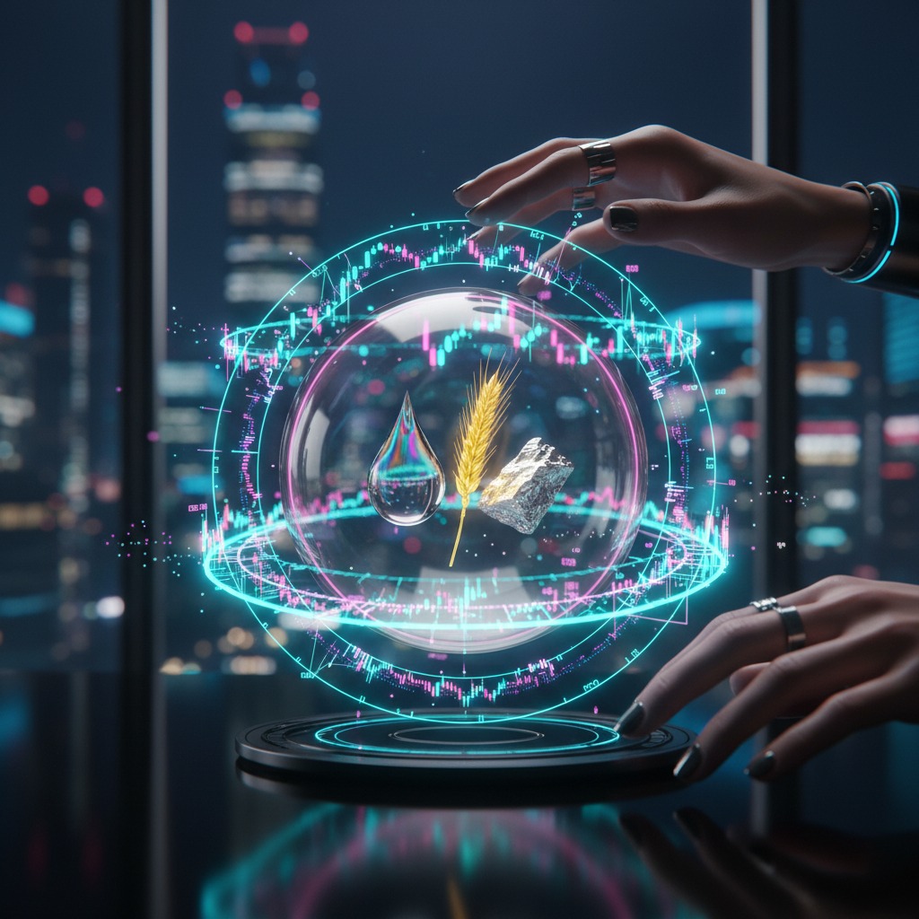 Graphic of a futuristic crystal ball housing a floating droplet, wheat stalk, and silver nugget. The sphere is surrounded by glowing neon trading charts and digital telemetry data being interacted with by human hands against a blurry city nightscape.