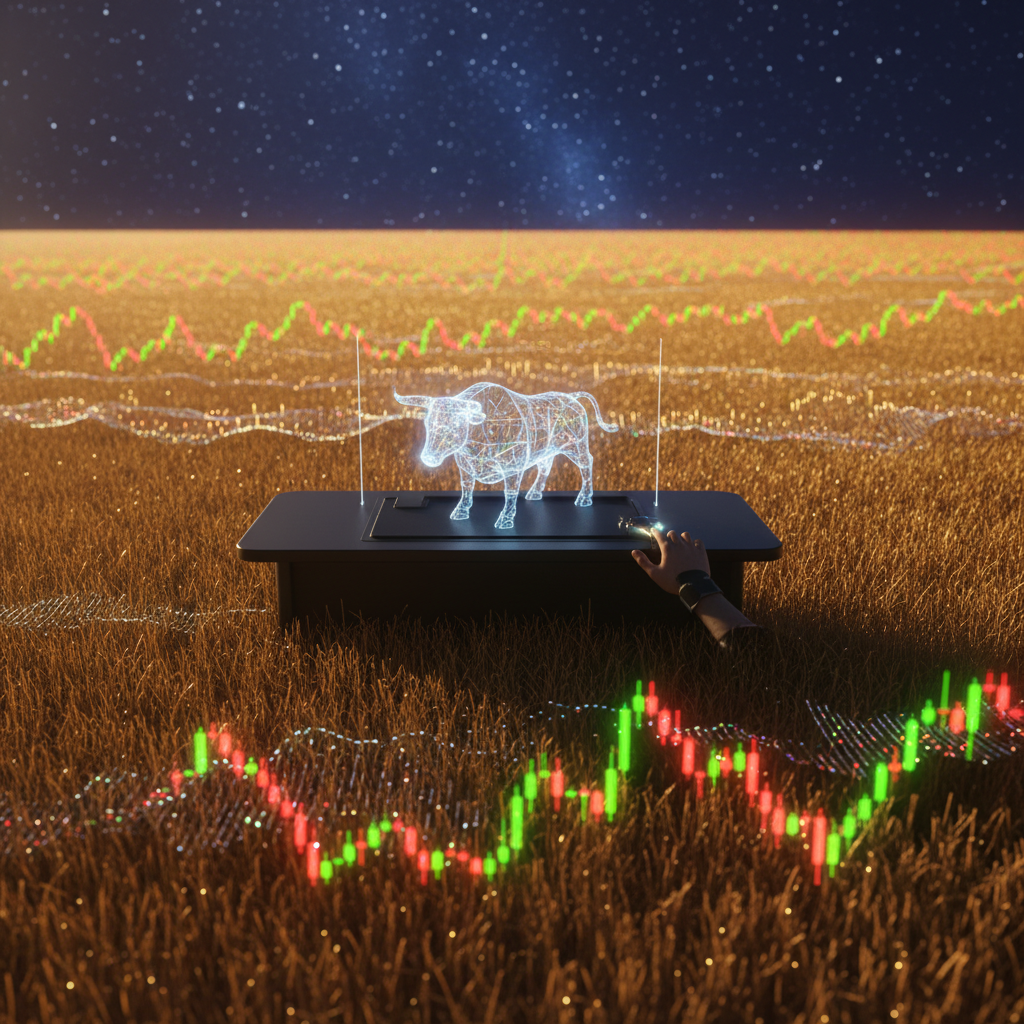 Graphic of a golden wheat field under a starry night sky with glowing red and green candlestick chart lines overlaying the grass. A sleek black terminal sits in the middle of the field, projecting a bright white holographic bull wireframe being touched by a human hand.
