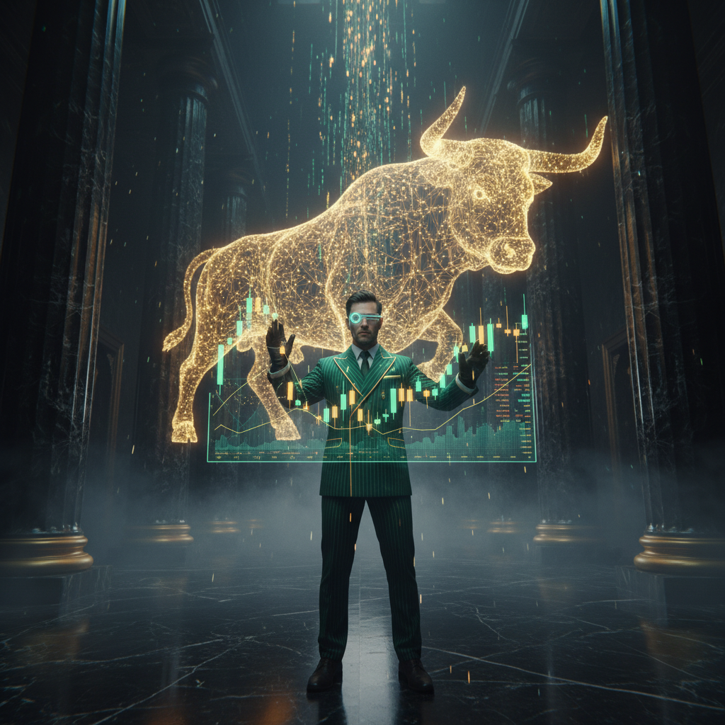 Futures trader in a green suit commanding a glowing candlestick chart with a golden bull market symbol behind him, representing a funded trading account