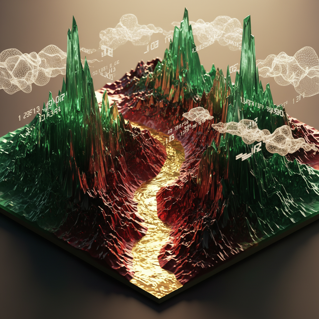 Graphic of mountains in the same color as the charts, with digital clouds