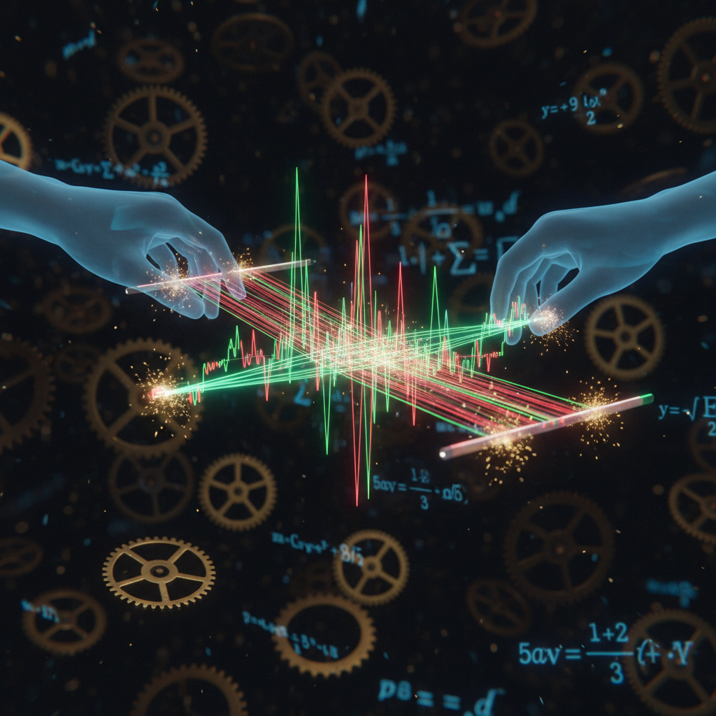 A graphic of glowing hands manipulating red and green market signals with gears and formulas representing advanced trading analysis.