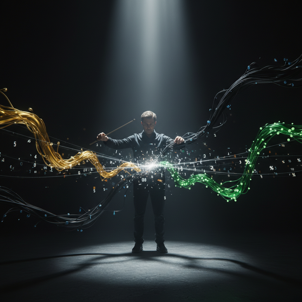 A graphic of a conductor controlling glowing streams of financial data and market waves under a spotlight in a futuristic trading scene.