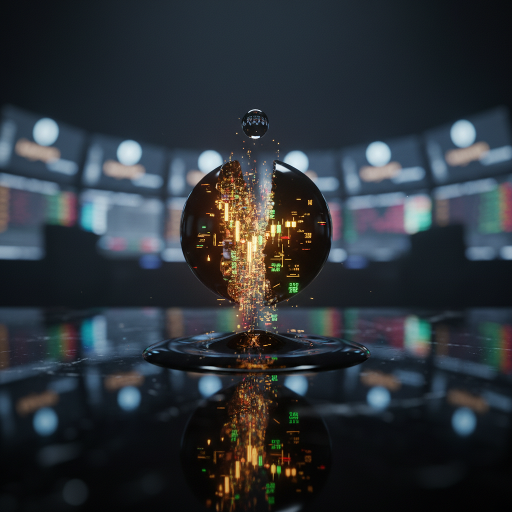A glowing glass orb filled with green and gold candlestick data dripping into a reflective pool in front of trading screens, symbolizing building profit toward a payout