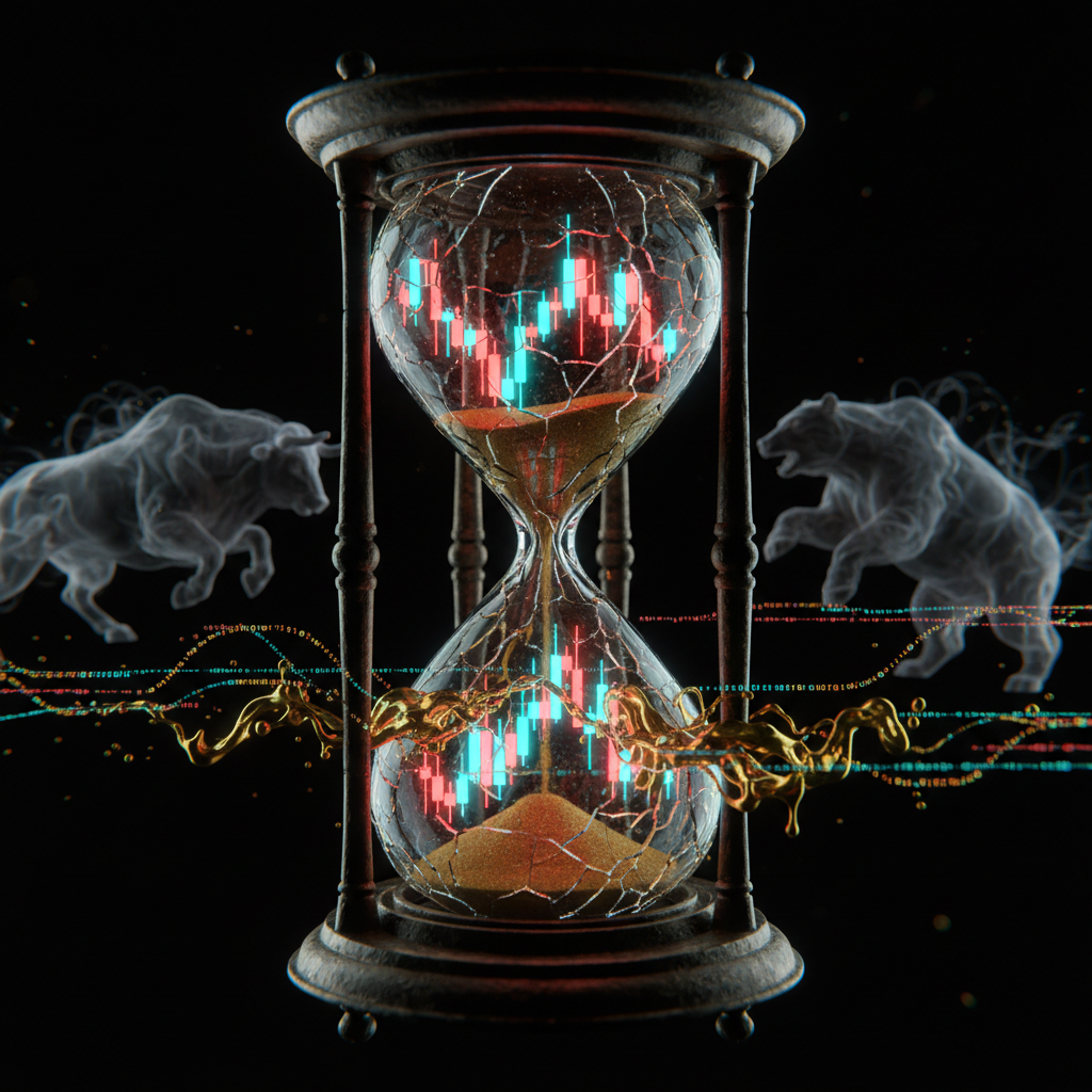A graphic of an hourglass containing gold liquid, with a bull and a bear, and sand.