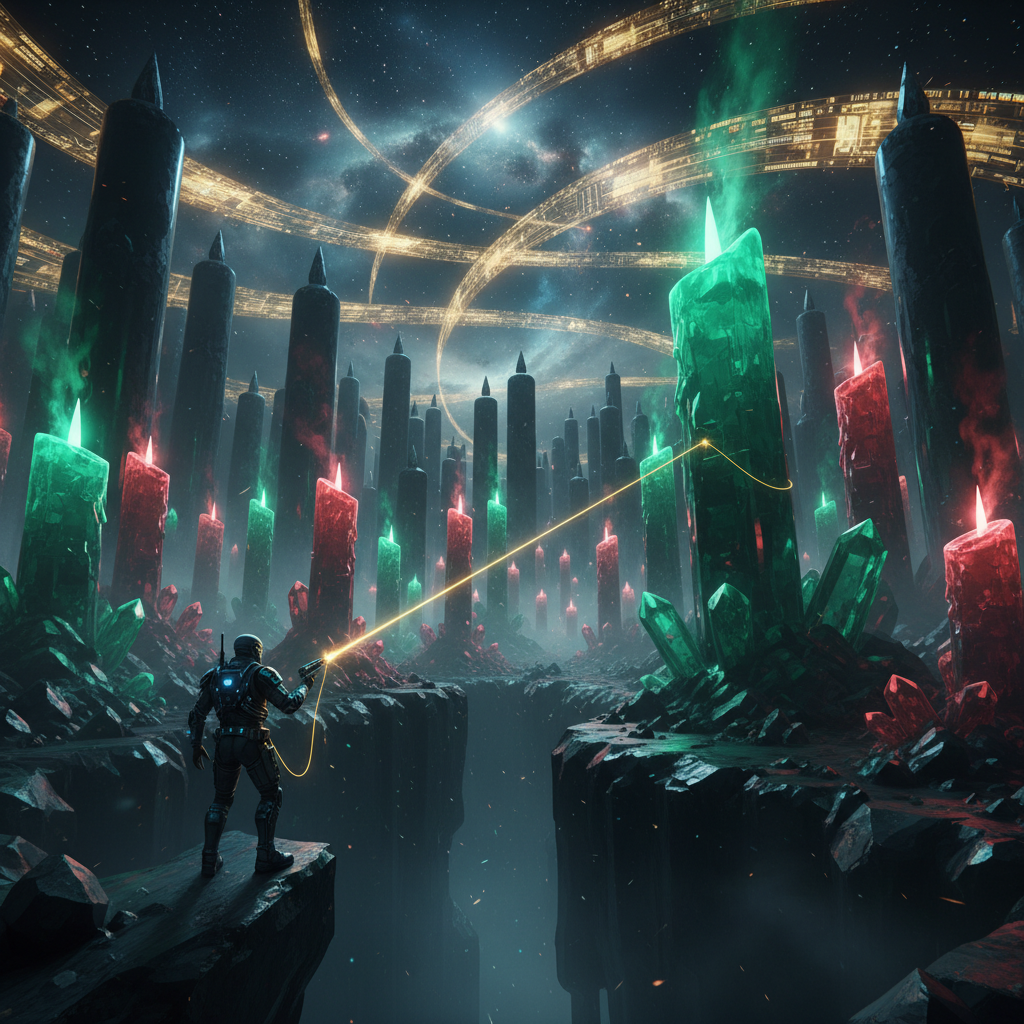 Astronaut trader reaching a glowing green candlestick across a cosmic field of red and green candles, representing the fastest path to FFN prop firm funding