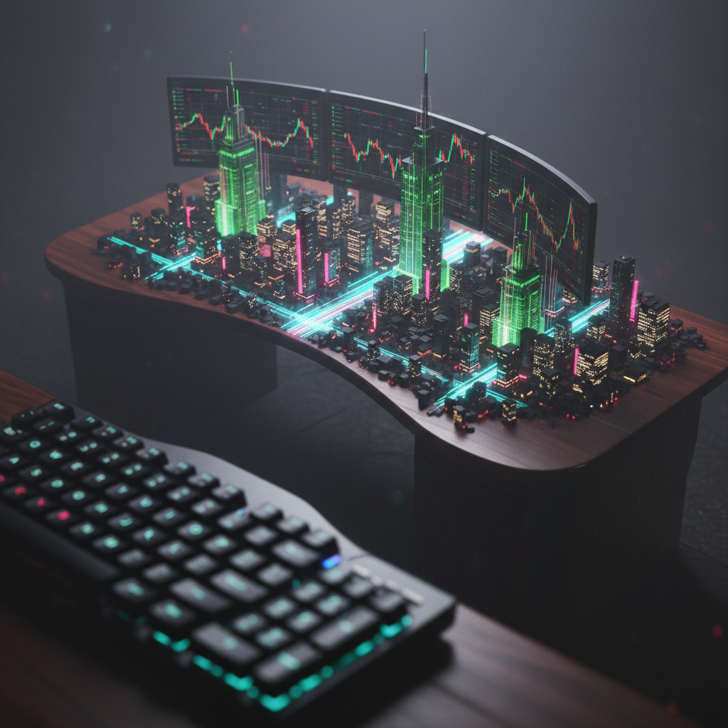 Miniature neon city of candlestick-chart skyscrapers on a trader's desk, symbolizing scaling a funded futures prop firm account