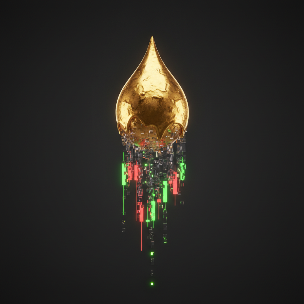 Graphic of dripping gold with candlestick charts set against a gray background.