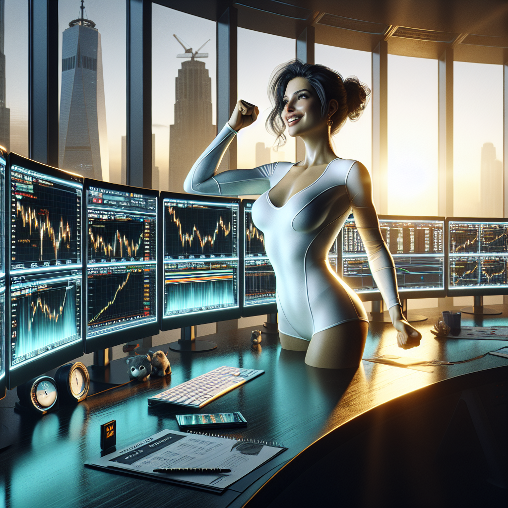 Graphic of a woman at a desk in front of computers with charts on them, with a city backdrop.