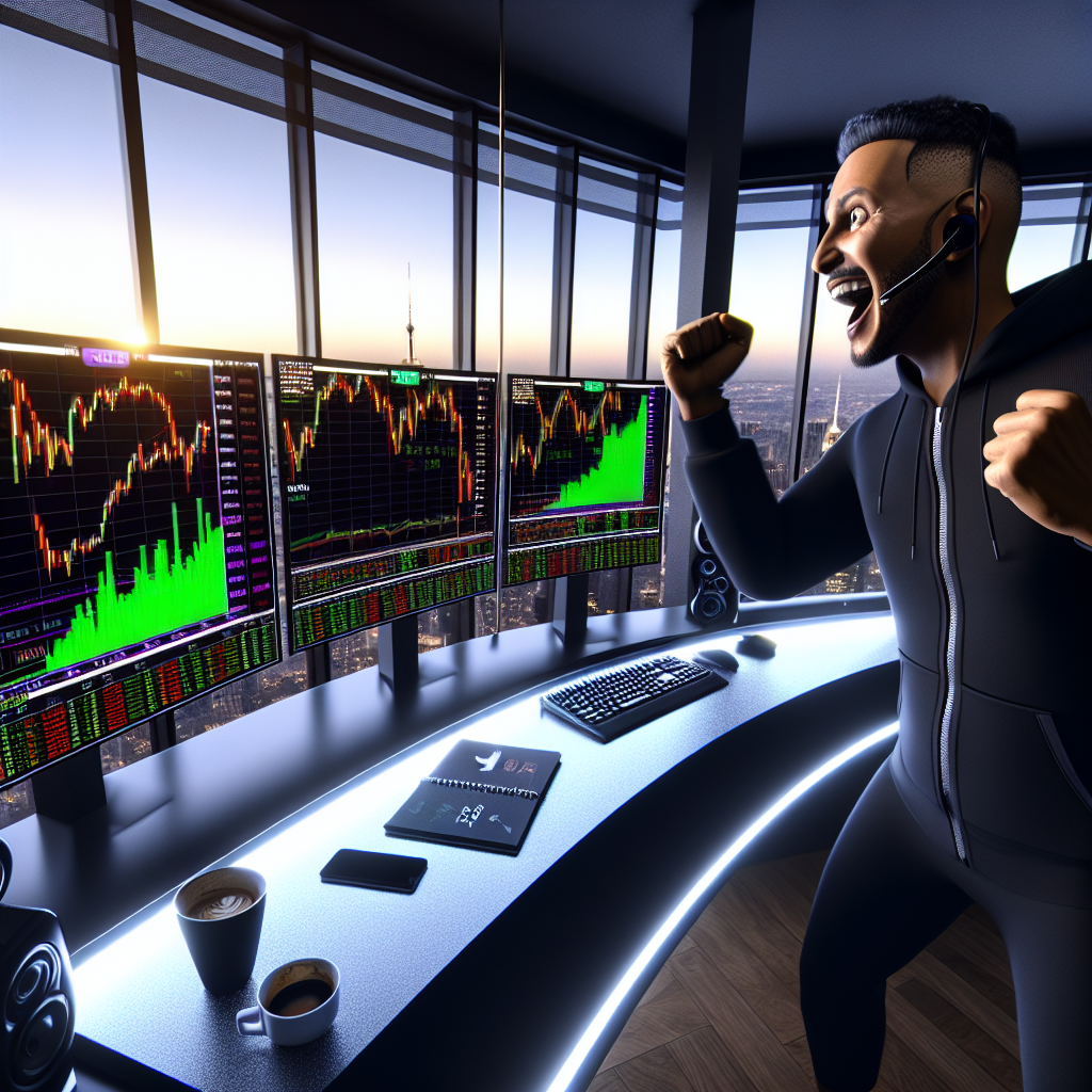 Graphic of an excited male trader cheering with fists pumped inside a high-rise office at sunset. Multiple large computer monitors stretch across the curved desk displaying upward-trending green stock charts alongside coffee cups and a smartphone.