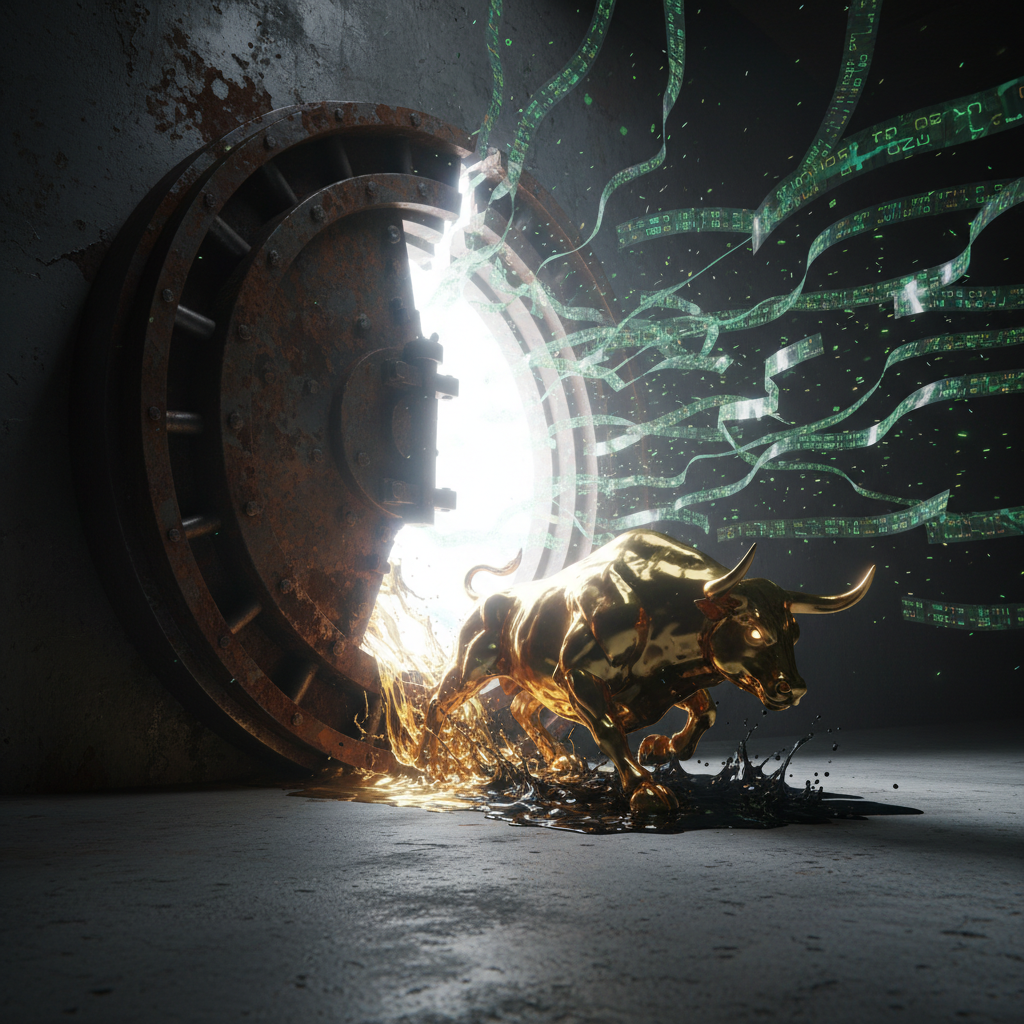 A graphic of a golden bull bursting out of a rusted vault. Bright light and green ticker tapes stream into a dark room.