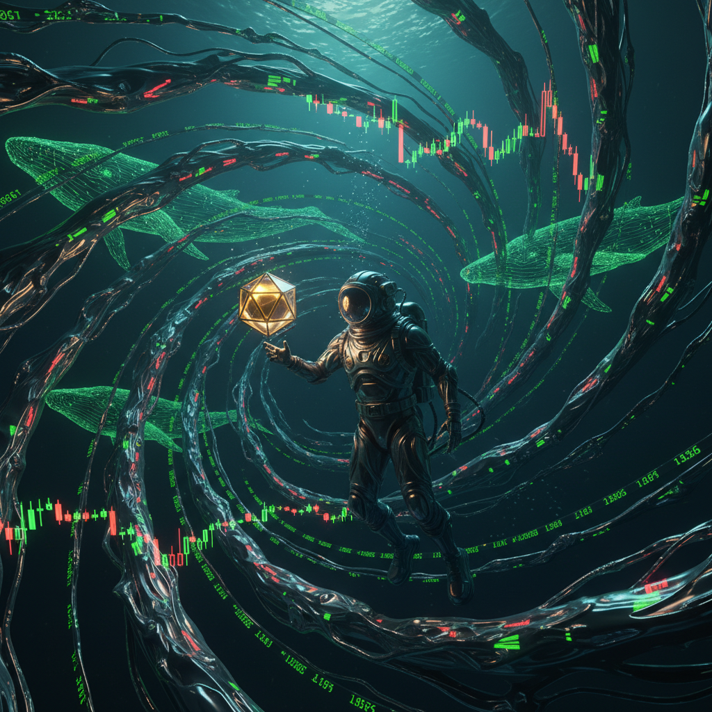 A graphic of an astronaut floating in an underwater vortex. Green and red trading charts swirl around. Glowing wireframe whales swim through the dark current.