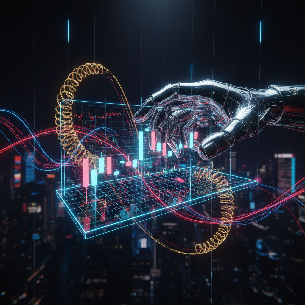 A Graphic of metallic robotic hand touching a glowing holographic 3D stock chart with neon lines and spirals over a blurry city at night.