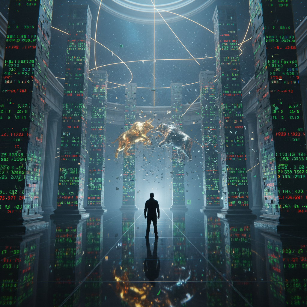 A graphic of a person's silhouette standing in a massive digital hall with columns of financial data, watching a golden bull and silver bear clash in mid-air.