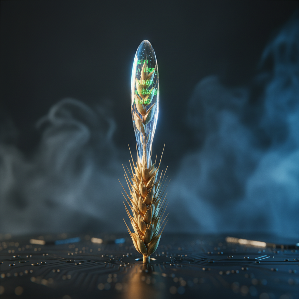 A graphic of a golden wheat stalk growing from a computer circuit board, with its top encased in a glowing glass capsule showing digital code.