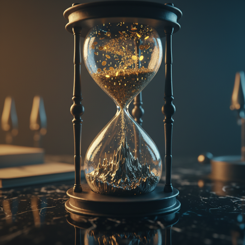 A graphic of an hourglass on a marble desk, where golden coins and digital particles fall from the top to form a metallic mountain ridge in the bottom.
