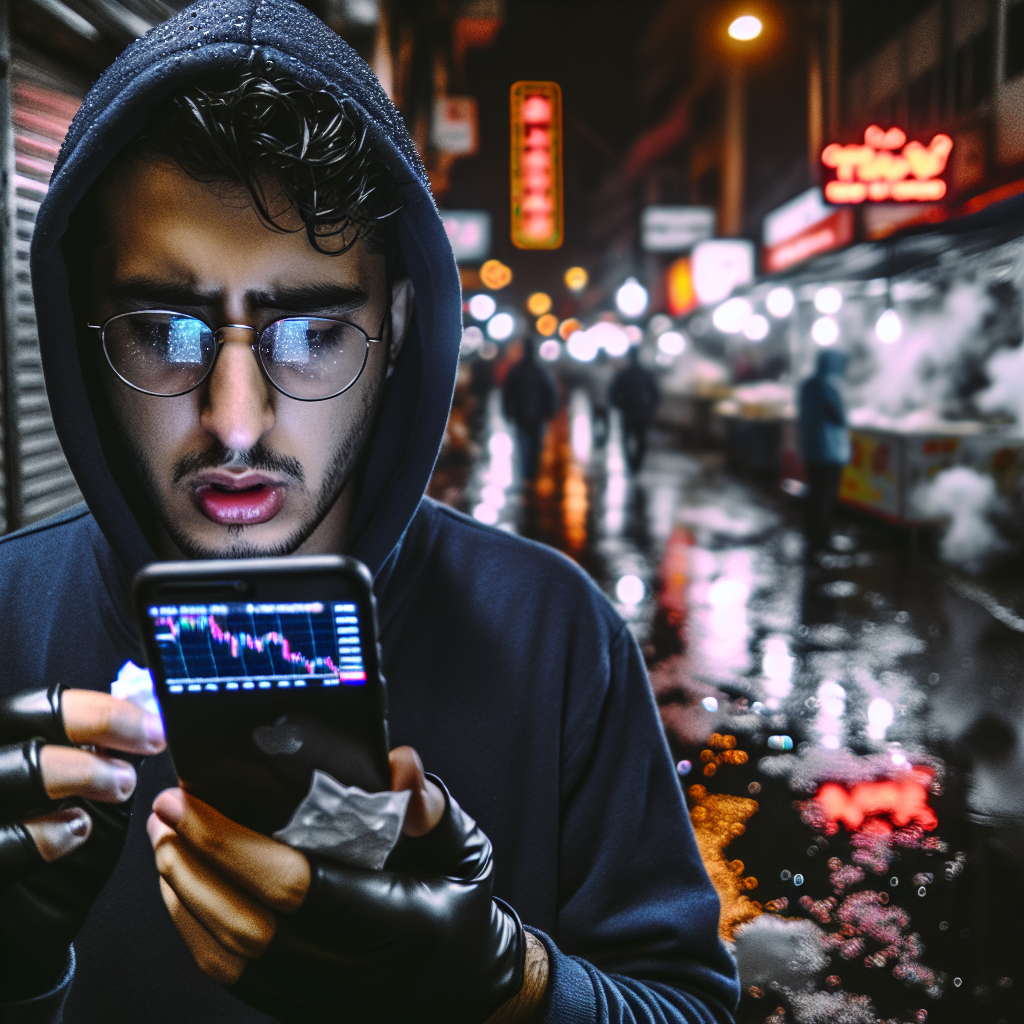 Graphic of a man standing in the street holding a phone with charts on it.