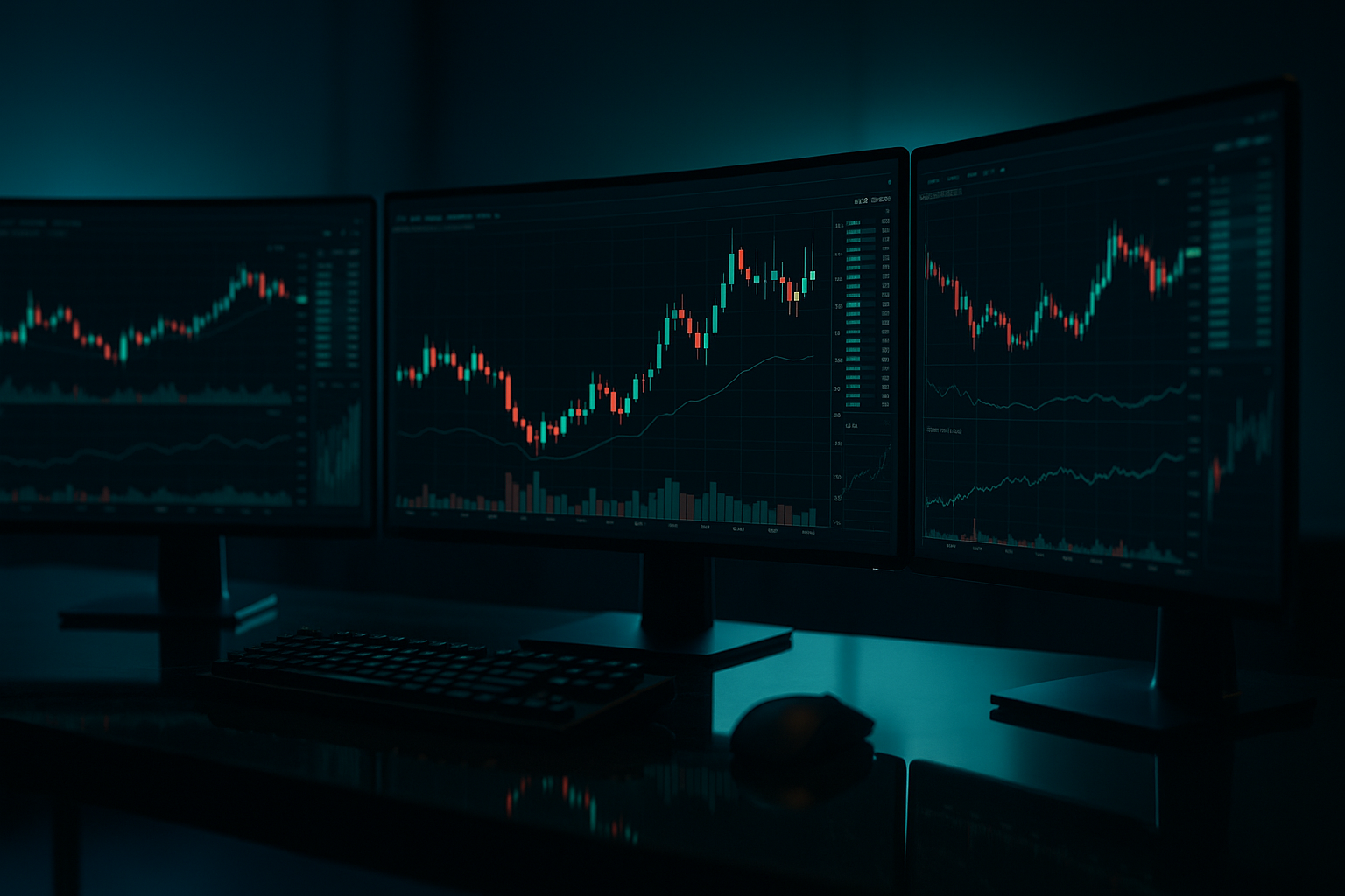 A graphic of three computer monitors displaying dark-mode stock charts with red and green candlesticks on a dark desk, answering how do you get approved for funded account trading.