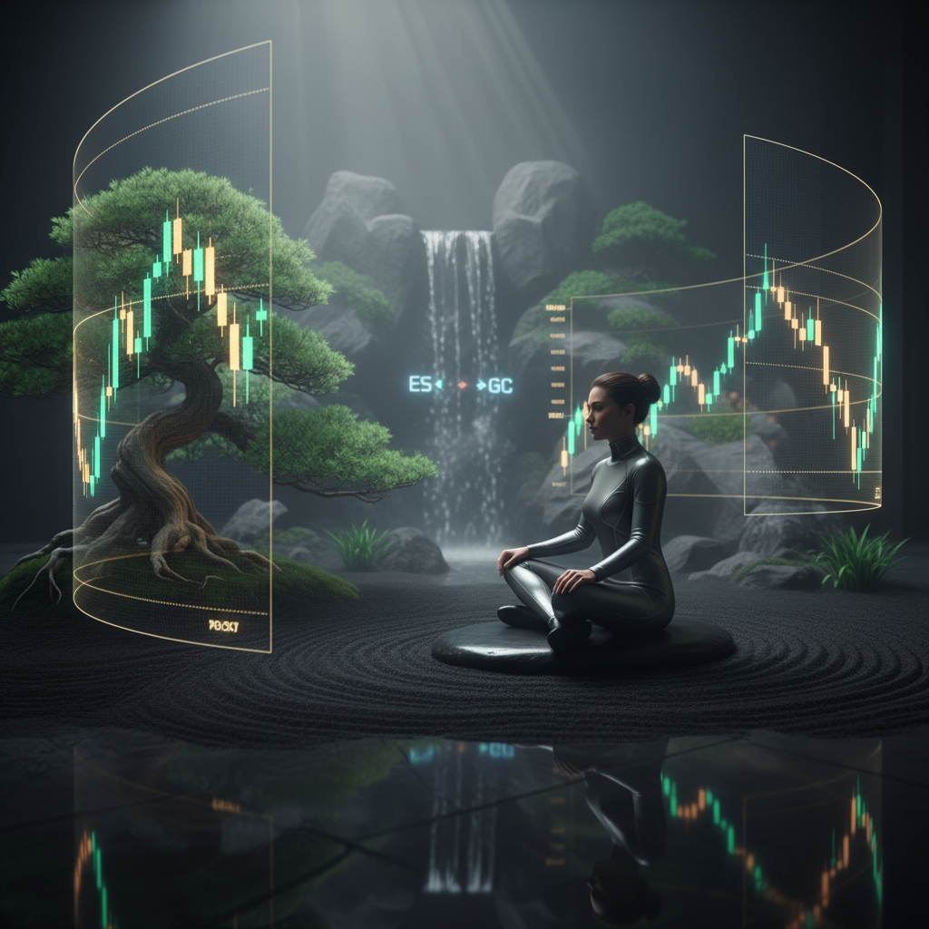A graphic of a person meditating in a peaceful zen garden with digital trading charts, representing mindfulness, emotional discipline, and calm futures trading.