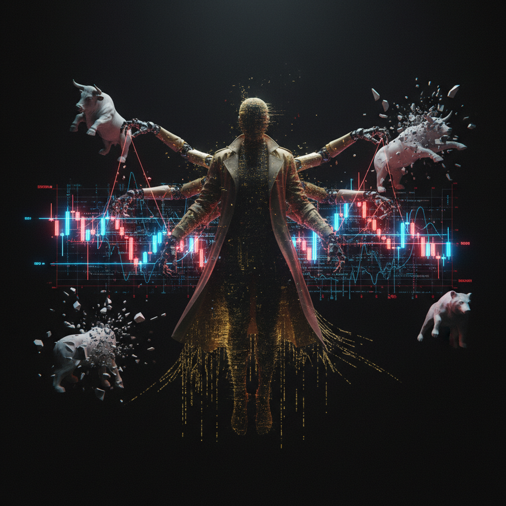 A graphic of a multi-armed digital figure floating in front of a glowing stock market chart, controlling strings connected to miniature bull and bear statues, some of which are shattering into particles.