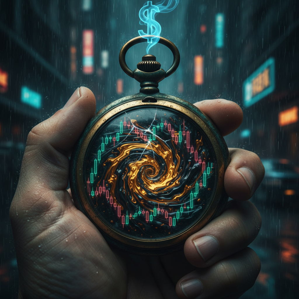 A graphic of a hand holding an antique pocket watch in the rain, featuring a cracked face filled with a swirling gold vortex surrounded by financial candlestick market data and a smoking blue dollar sign at the top.