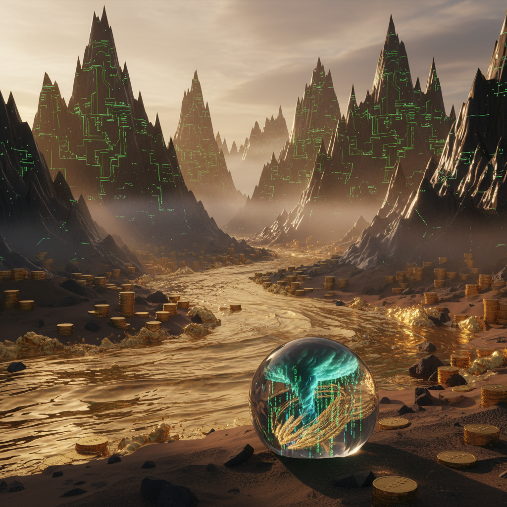 A graphic of a surreal digital landscape featuring dark mountains covered in green circuit board patterns, a flowing golden river lined with stacks of coins, and a glowing crystal ball filled with matrix-like data in the foreground.