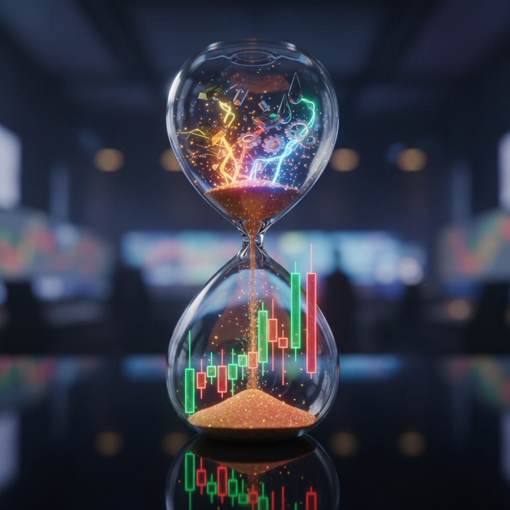 A graphic of a clear glass hourglass containing glowing neon commodity icons in the top bulb and financial market candlestick charts growing out of golden sand in the bottom bulb.