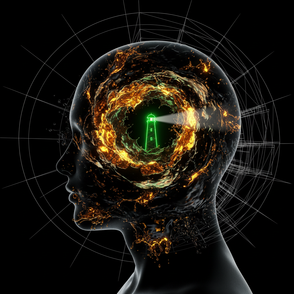 A graphic of a glowing lighthouse inside a human mind, symbolizing trading psychology, focus, mental clarity, and decision-making.