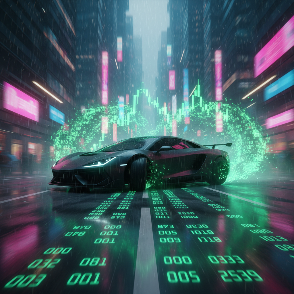 A graphic of a dark sports car drifting on a wet city street at night, surrounded by glowing green digital code and candlestick charts.