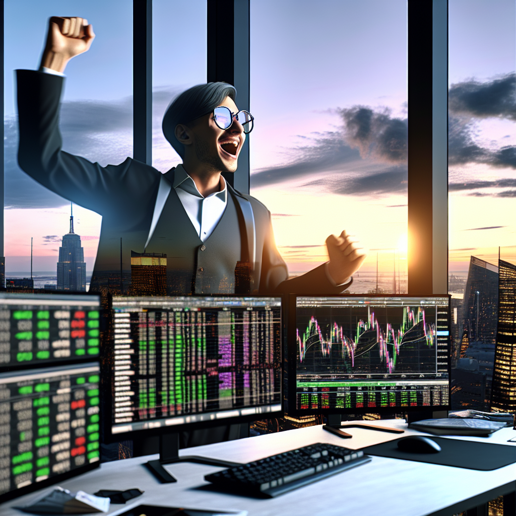 A graphic of a joyful businessman cheering with raised fists in front of multiple stock trading screens inside a high-rise office at sunset.