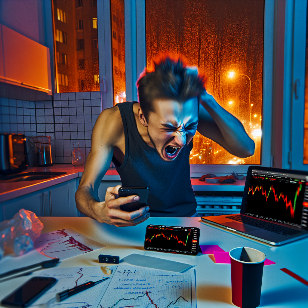 A graphic of a frustrated trader reacting to sharp market losses while monitoring futures trading charts on multiple devices.