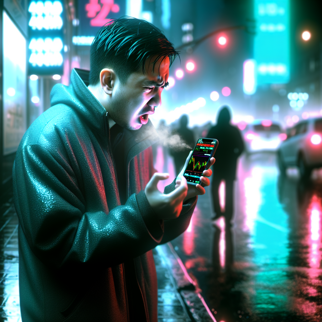 A graphic of a shocked trader checking a smartphone with daily payout prop firm futures trading charts on a rainy city street at night.