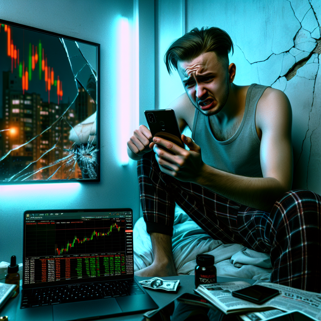 A graphic of a stressed trader checking a phone beside trading charts on a laptop in a dimly lit room.