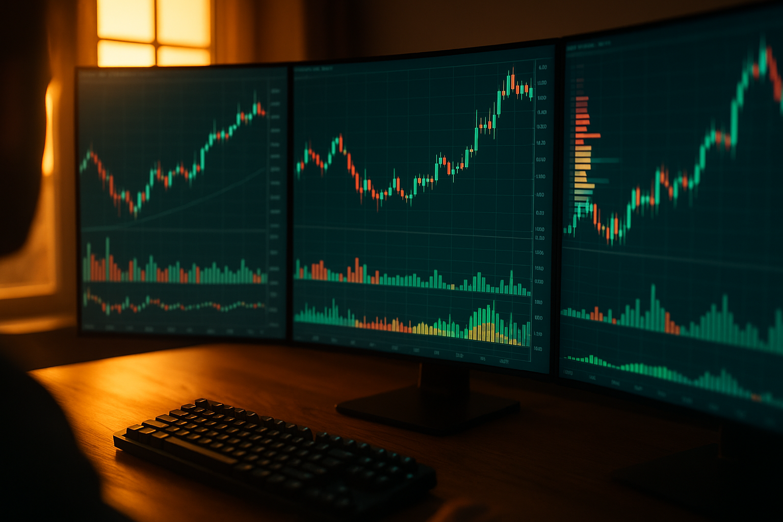 A graphic of a dark three-monitor workstation displaying live financial charts with green and red candlestick patterns on a dark wooden desk.