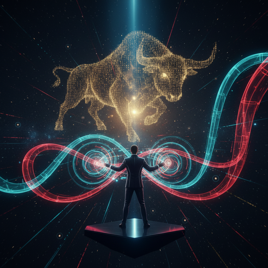 A graphic of a businessman standing before a giant glowing golden bull constellation surrounded by futuristic, looping neon red and blue energy lines in space.