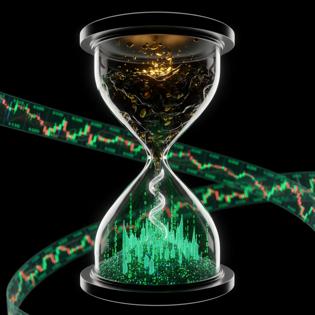 A graphic of a futuristic hourglass transforming liquid gold into a glowing green digital chart cityscape, wrapped by a curving financial market tape.