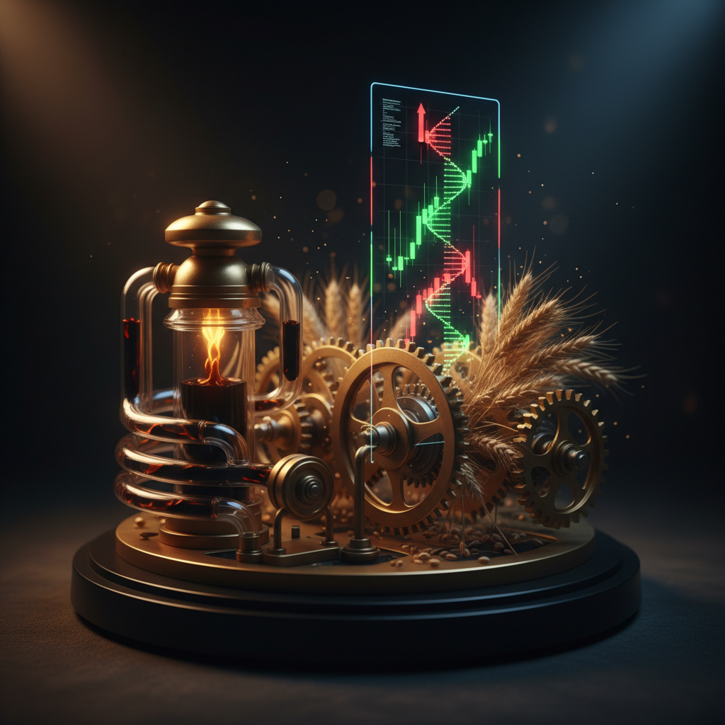 A graphic of a steampunk mechanical device featuring brass gears, wheat stalks, an oil lantern, and a glowing holographic DNA candlestick chart.