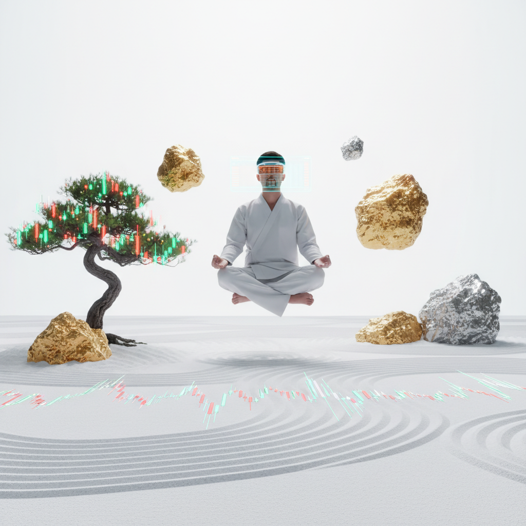 A graphic of a man meditating in a white room with a bonsai tree glowing with candlestick charts, surrounded by floating gold and silver nuggets over a sand garden.