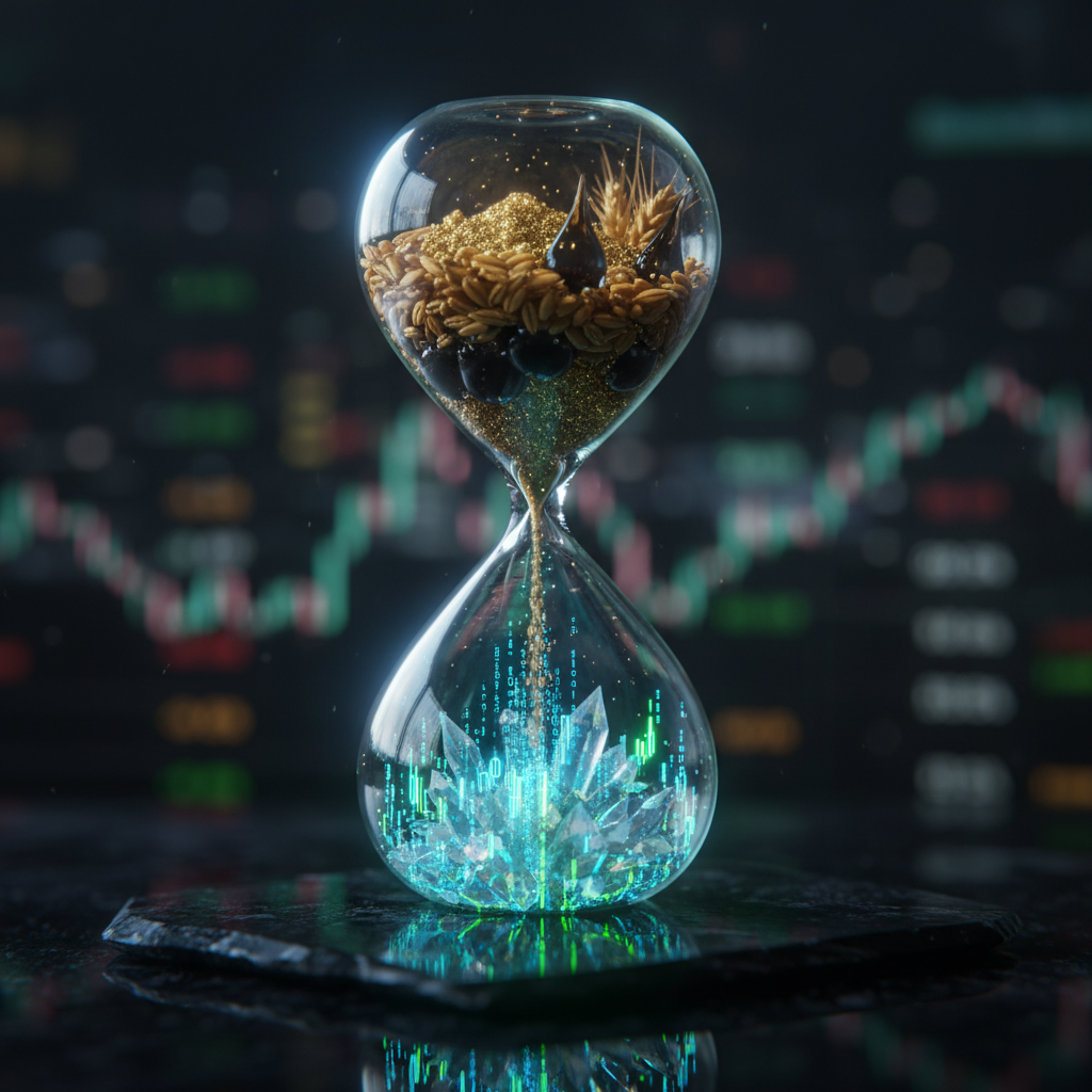 A graphic of a glass hourglass with raw commodities like wheat, oil drops, and gold in the top bulb flowing down into glowing holographic digital market data crystals.