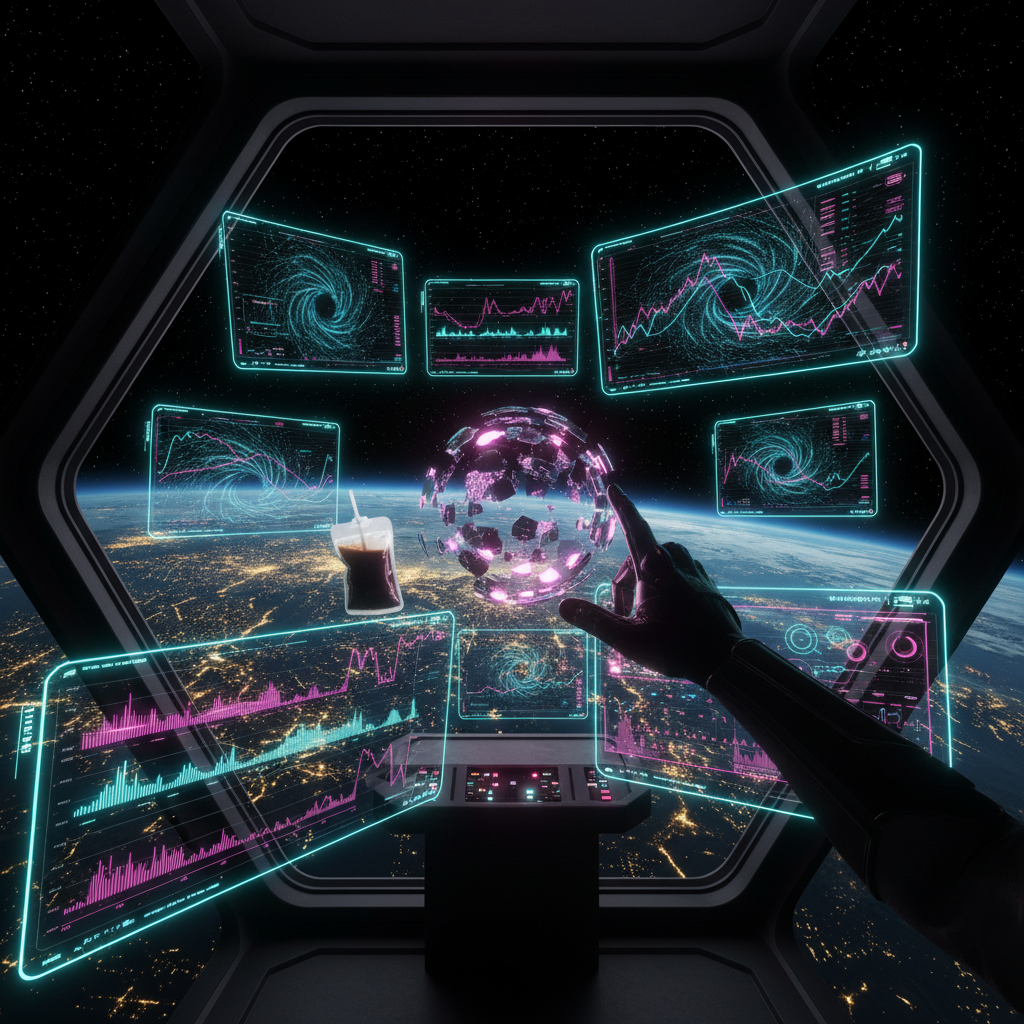 A graphic of a point-of-view perspective from inside a spacecraft window looking at Earth, featuring glowing holographic trading screens and a floating juice pouch.