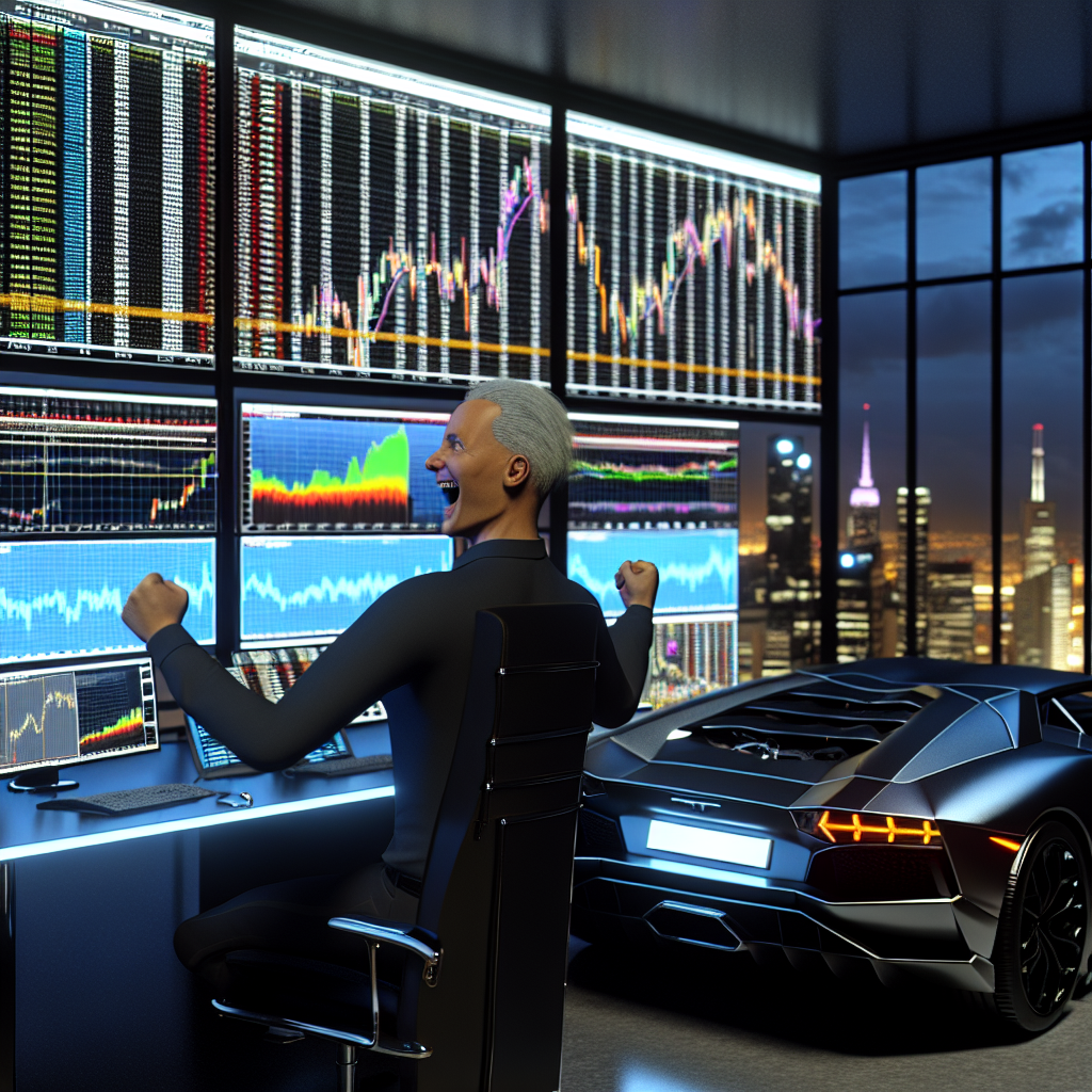 A graphic of a man cheering with raised fists in front of a wall of trading monitors in a high-rise office, with a black luxury sports car parked next to his desk.