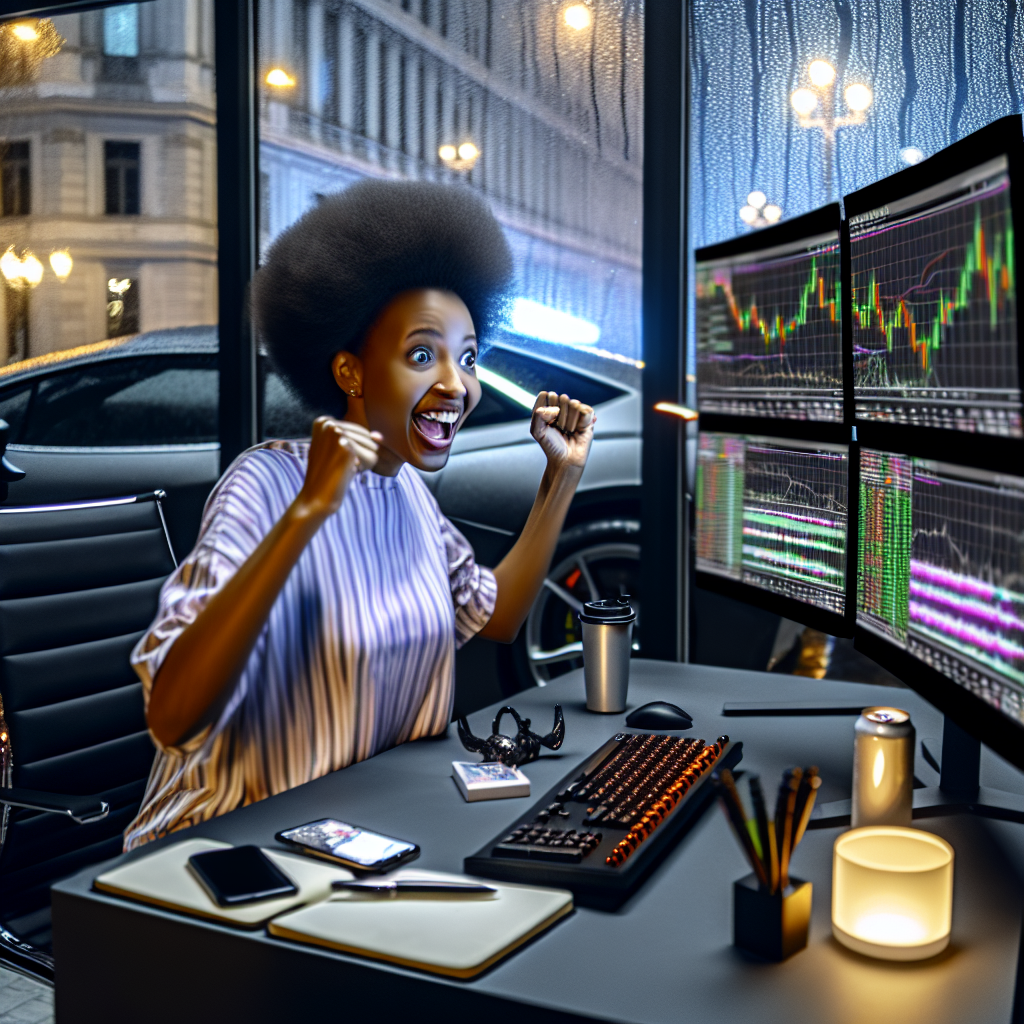 A graphic of a thrilled woman cheering with raised fists at her desk in front of four trading monitors displaying live financial market charts at night.