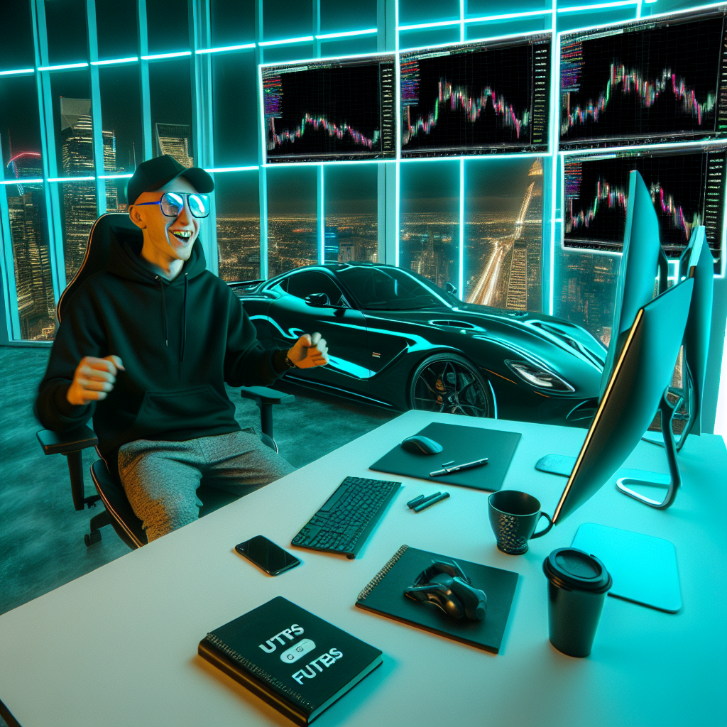 A graphic of a smiling young man in a black hoodie and smart glasses sitting at a neon-lit trading desk next to a luxury sports car overlooking a city skyline.