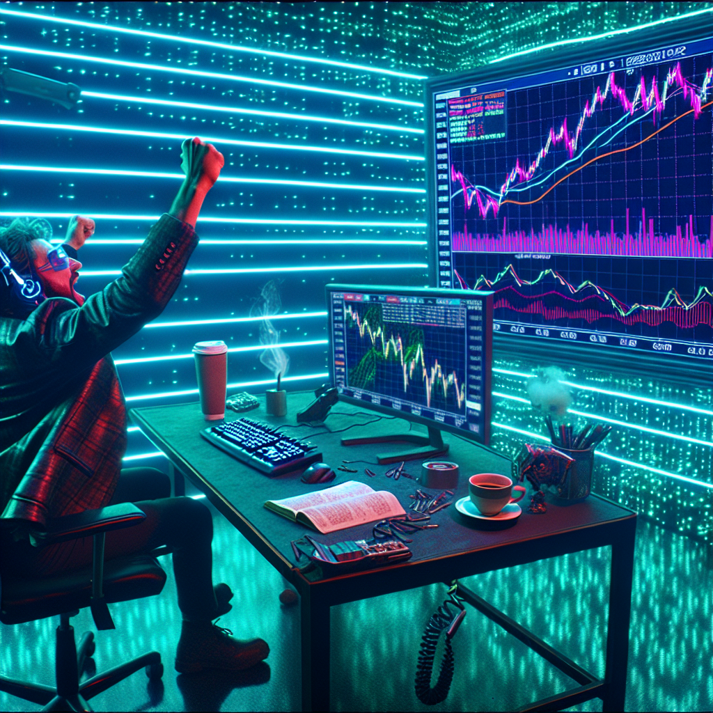 A graphic of a trader celebrating with raised fists in a neon blue lit room with large trading monitors displaying financial charts.